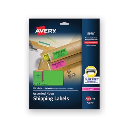 Avery Dennison Avery, HIGH-VISIBILITY PERMANENT LASER ID LABELS, 2 X 4, ASST. NEON, 150PK 5978